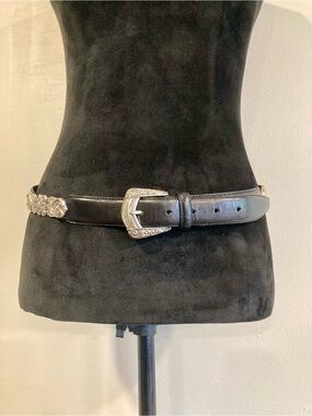 Fossil Black Leather Western-Style Belt with Silver-Tone Heart Accents
